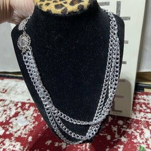 Silver Tone Tri-Layer Necklace With 2 Side Coins. Measurers betweenn 20-21.5 in